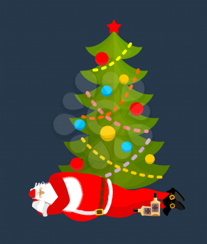 Santa Claus Sleeping under Christmas tree drinking whiskey. Drunk Sleeping grandfather. Christmas rest. New Year Vector Illustration
