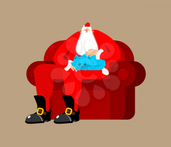 Santa Claus on chair stroking cat. Christmas and New Year Vector Illustration
