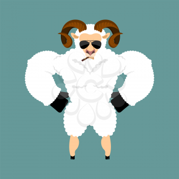 Ram Strong Cool serious. Sheep smoking cigar emoji. Farm animal strict. Vector illustration
