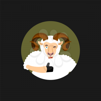 Ram thumbs up and winks emoji. Sheep Farm Animal happy emoji. Vector illustration