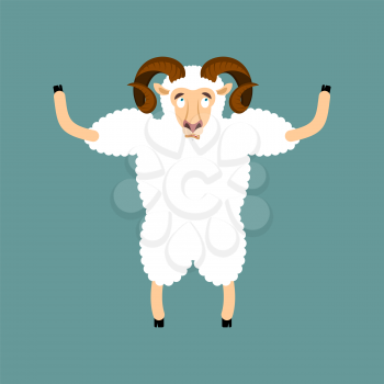 Ram confused emotions. Sheep is perplexed. Farm animal surprise. Vector illustration