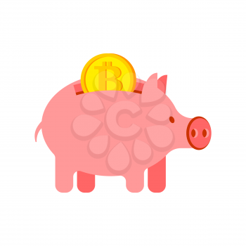 Pig piggy bank and bitcoin. Financial illustration. Accumulation of crypto currency. Vector illustration
