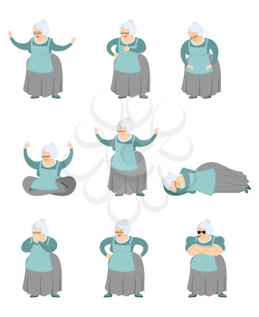 Grandmother set poses and motion. Grandma happy and yoga. Old lady sleeping and angry. guilty and sad. Vector illustration
