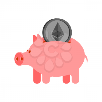 Pig piggy bank and etherium. Financial illustration. Accumulation of crypto currency. Vector illustration
