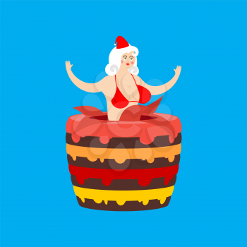 Santa girl from cake. Striptease congratulation. New Year and Christmas vector illustration
