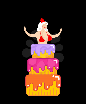 Santa girl from cake. Striptease congratulation. New Year and Christmas vector illustration
