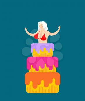 Striptease Girl from cake congratulation. vector illustration
