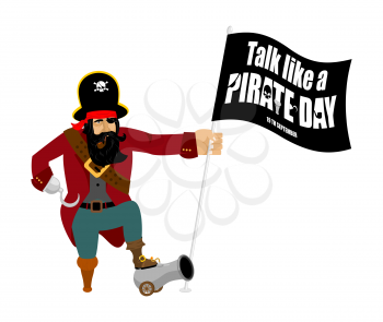 International Talk Like A Pirate Day. Pirate Hook and cannon. Eye patch and smoking pipe. filibuster cap. Bones and Skull. Head corsair black beard. buccaneer Wooden foot
