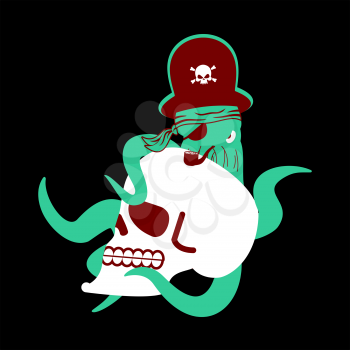 Octopus pirate and skull. poulpe buccaneer and skeleton head. Eye patch and smoking pipe. pirates cap. Bones and See animal filibuster
