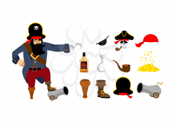 Pirate set. Pirates hat. Eye patch and smoking pipe. Bones and skull. Wooden foot. Gold coins. Rum bottle and cannon