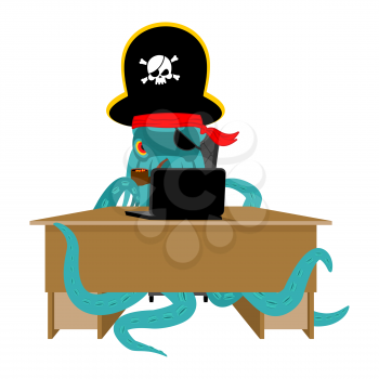 Web pirate Octopus and laptop. poulpe internet hacker and PC. devilfish buccaneer and computer. Eye patch and smoking pipe. pirates cap. Bones and Skull. See animal filibuster