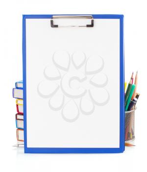 paper clipboard and school supplies isolated on white background