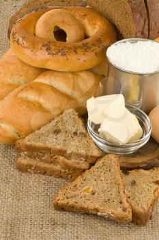 bread and bakery products on sack background