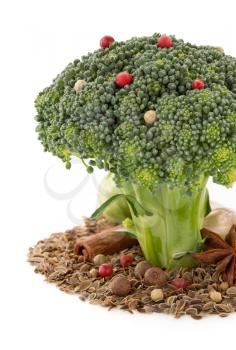 broccoli and spices isolated on white background