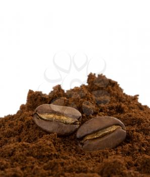 coffee beans and powder isolated on white background