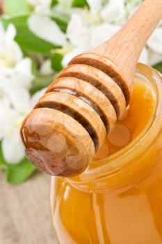 honey in glass jar and wooden stick on wood