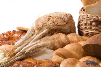 bread, spike, flour and basket isolated on sacking