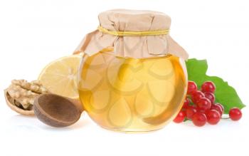 honey and fruit isolated on white background