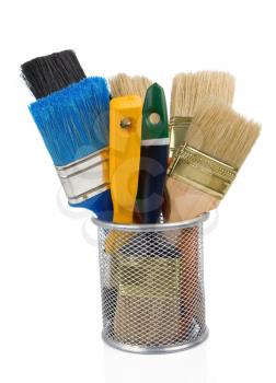 paint brush and basket holder isolated on white background
