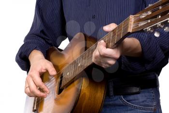 man playing guitar on white