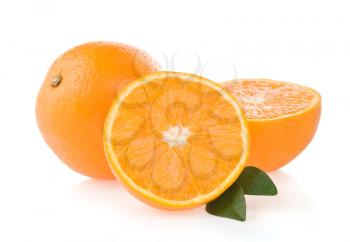 orange fruit and leaf isolated on white background