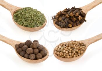 spices in spoon collage isolated on white background