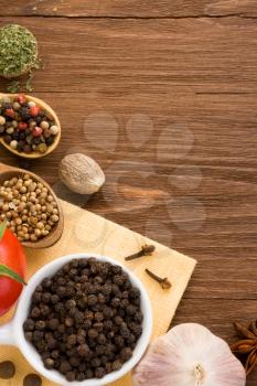 food ingredient and spices on wood background