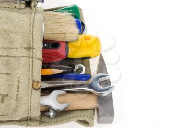 kit of tools and bag  isolated on white background