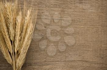 ears spike of wheat on wood texture background