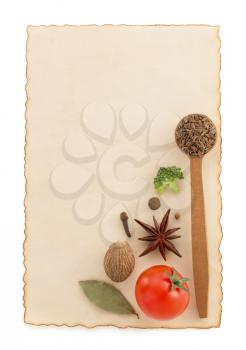 food ingredients and spices on white background
