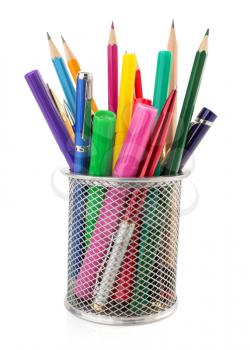 holder basket and pen with pencil isolated on white background