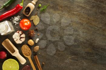 herbs and spices at table background