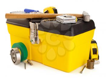 tools and instruments with toolbox isolated on white background