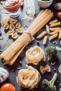 pasta and food ingredient on dark background