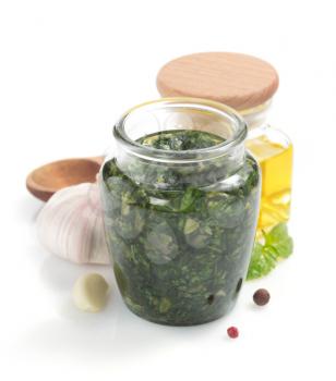 pesto sauce and ingredient isolated on white background