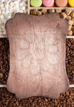 coffee beans and wooden plank banner background, top view