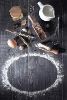 bread and bakery products on wooden background