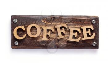 wooden coffee letters isolated on white background