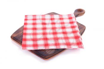 cutting wooden board  and napkin table cloth, isolated on white background