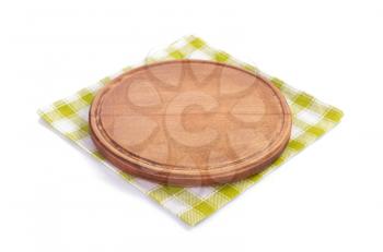 pizza cutting wooden board  and napkin table cloth, isolated on white background