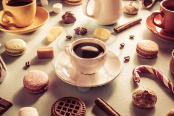 cup of coffee, tea and cacao at  paper background