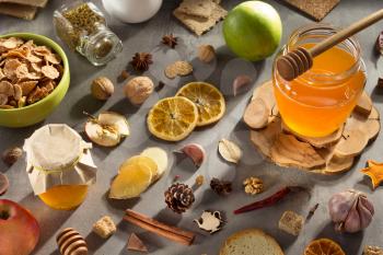 healthy food on stone table background