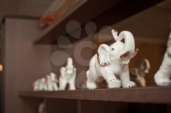The shelf with figures of elephants of white color from a bone.