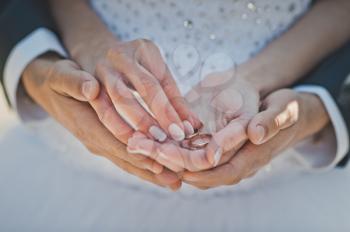 Mans and female hands hold wedding rings.