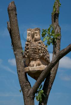 Wooden owl. The owl which had been cut out from a tree sat on branches.
