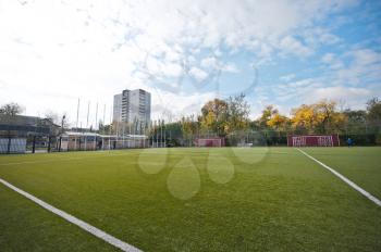 View of the city from a football field.