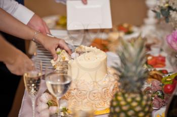 Split cake into several pieces for guests.