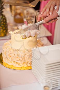 The process of dividing the cake into pieces.