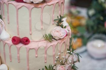 Elegant wedding cake decorated with berries and shells.