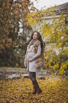 Portrait of a pregnant girl on autumn walk in the Park.